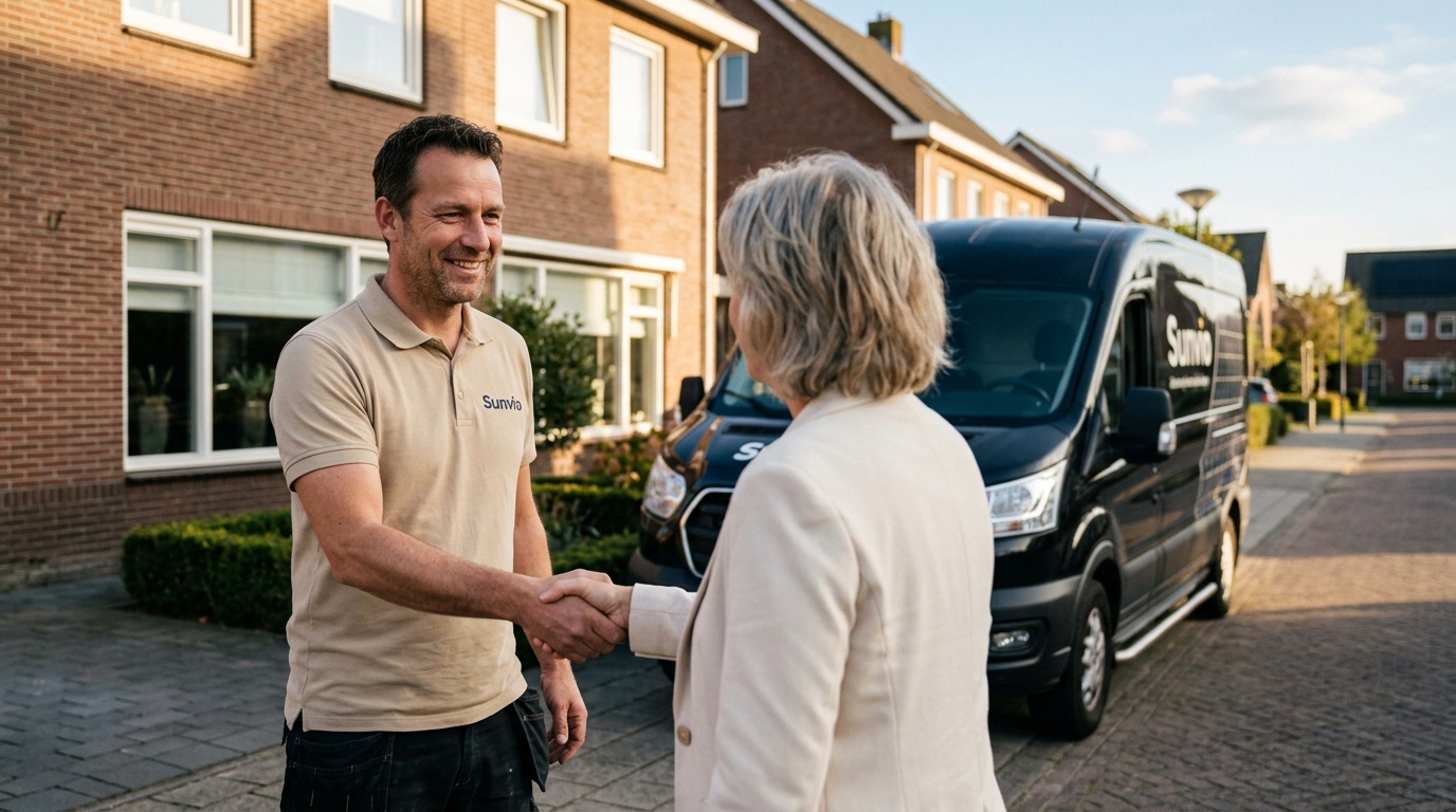 Monteur van Sunvio geeft een klant een hand in een woonstraat, met de Sunvio-bus erachter