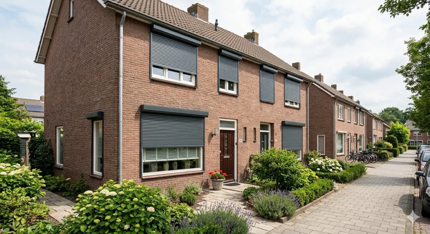 Twee-onder-een-kapwoning met antraciet rolluiken, gemonteerd door Sunvio