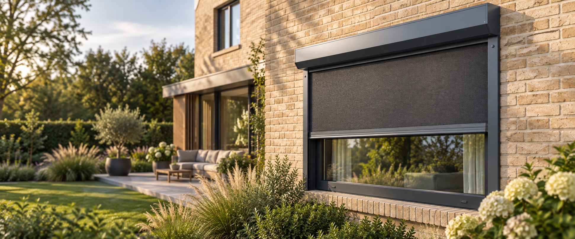 Luxe woning met aangelegde tuin, schuin van opzij gezien met een halfopen antraciet screen op de voorgrond