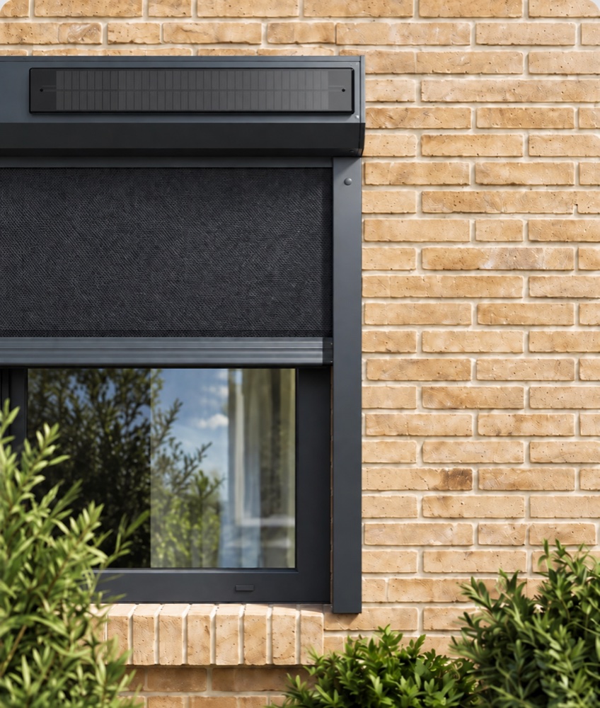 Halfopen solar screen met zonnepaneel, kozijn en raamdorpel