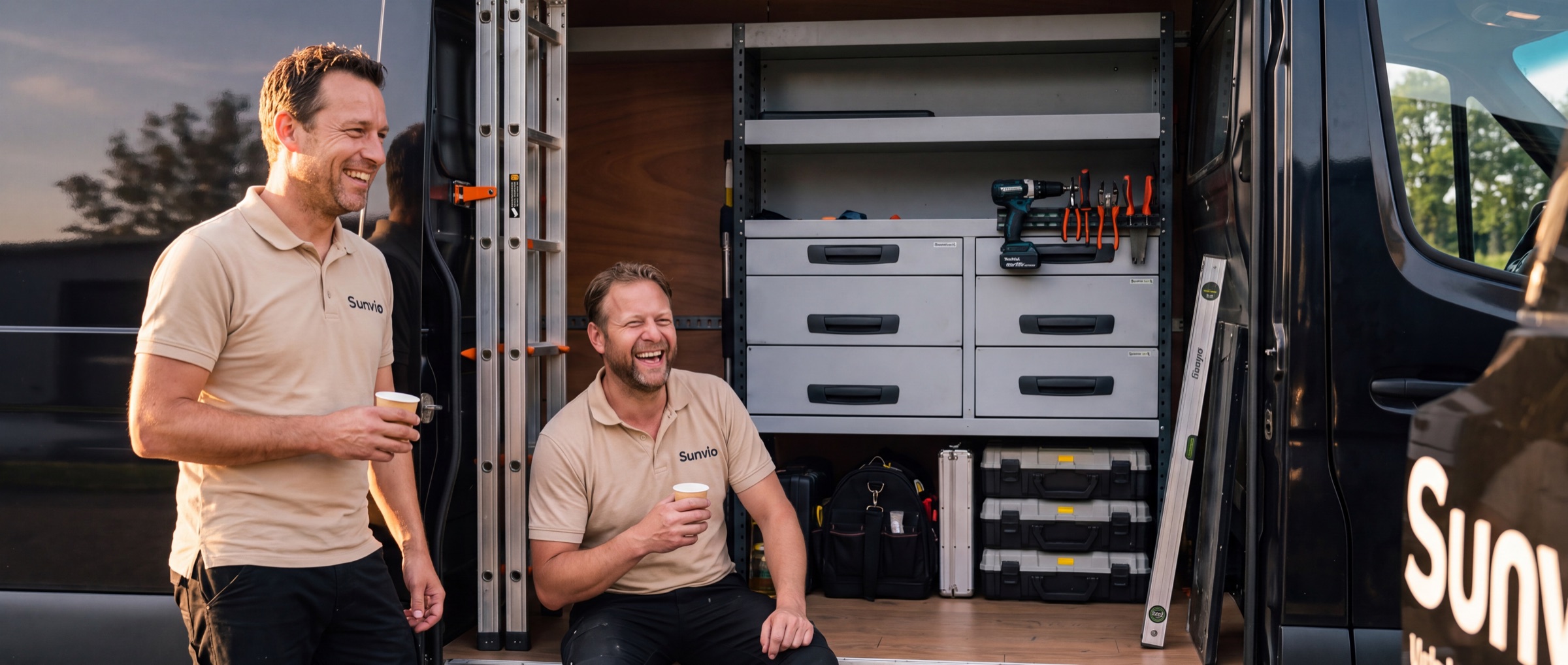 Twee Sunvio-monteurs met koffie bij de open schuifdeur van de bedrijfsbus