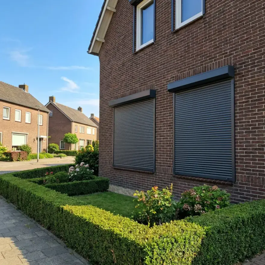 Antraciet rolluik op een woonhuis