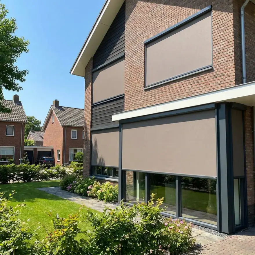 Woonhuis met de ramen open achter zonwering